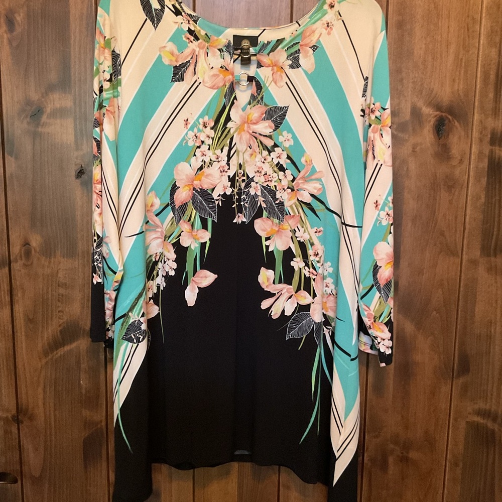 JM Collection Floral Striped Top - Black, Cream